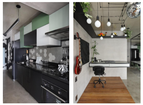 Duas imagens, do lado esquerdo uma cozinha nas cores preta, verde claro e branca. Aparece também uma geladeira cinza, uma bancada preta e uma chaleira preta e branca.
Na imagem a direita, um mesa de trabalho com uma cadeira, as paredes são cinzas, com algumas plantas e uma guitarra.